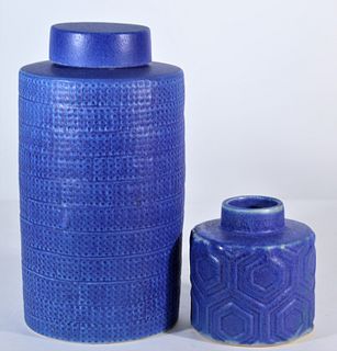Pair of Blue Embossed Pottery Vases