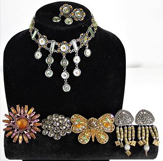 Gem Jewelry: Choker, (3) Brooches, & (2) Earrings