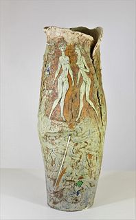 Large Signed Clay Vase w Nude Figures