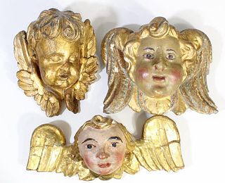 (3) Carved Gilt Cherubs Busts & Wings