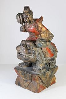 19th C. Chinese Hand Carved Warrior Riding Foo Dog
