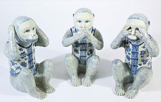 Group of Three Chinese Blue and White Monkeys