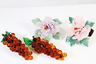 (2) Pairs of Colored Glass Flowers & Grapes