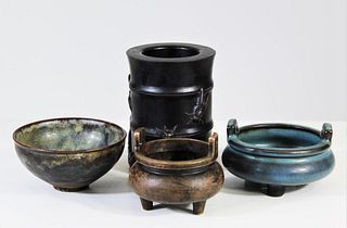 (3) Chinese Footed Bowls and (1) Brush Pot