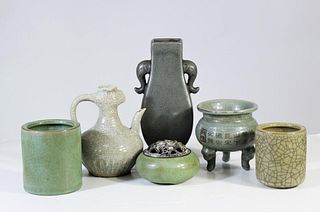 (6) Chinese Celadon Crackleware Vases and Bowls