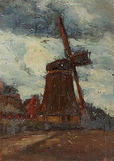 Tonalist Painting of Dutch Windmill c1910