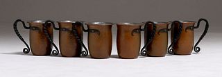 6 Arts & Crafts Hammered Copper & Iron Mugs c1910