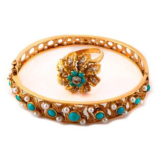 Seed Pearl, Turquoise & 18k Gold Bracelet & Ring