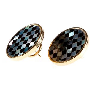 Pair of mother-of-pearl, onyx and 14k gold earrings