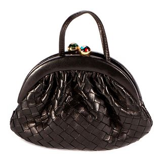 Bottega Veneta black leather woven evening bag