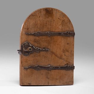A Carved and Iron-Mounted Fruitwood Traveling Mirror 