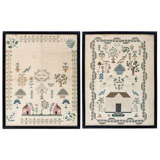 A Pair of Pictorial Embroidered Needlework Samplers