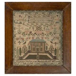 An English Pictorial Embroidered Needlework Sampler