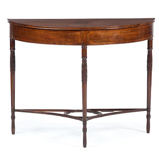 A New York Federal Carved and Figured Mahogany Demi-Lune Console Table