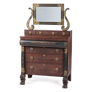 A New York Classical Ebonized, Gilt-Stencil Decorated and Figured Mahogany Chest of Drawers