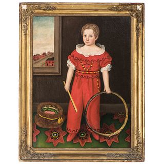 A Folk Art Portrait of Johnathan Southwick in Red with Hoop Toy
