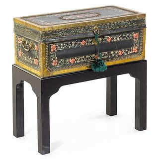 A Chinese Export Painted Leather and Studded Camphor Chest