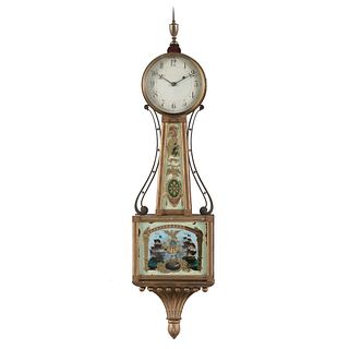 A Federal Reverse-Painted Glass Inset Mahogany and Giltwood Banjo Clock