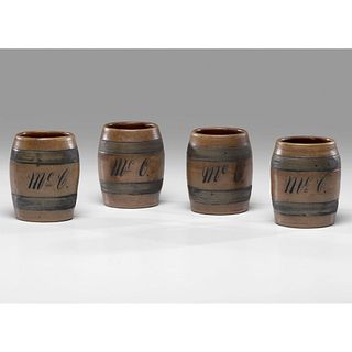 A Rare Set of Four Cobalt-Decorated Stoneware Barrel-Form Tavern Mugs