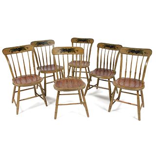 A Set of Six Grain-Paint and Polychrome Decorated Windsor Side Chairs by Jonathan Whitney of Massachusetts