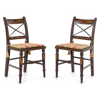 A Pair of Classical Grain-Paint and Stencil Decorated Cane-Upholstered Side Chairs