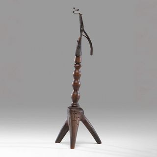 A Wrought-Iron Mounted Turned Wood Tabletop Rushlight Holder