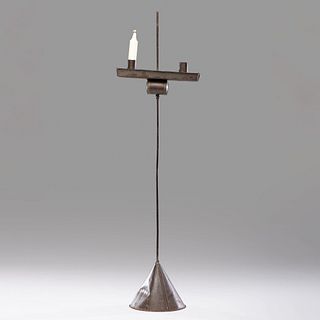 A Wrought-Iron and Sheet Tin Tabletop Two-Light Candleholder