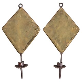 A Pair of Hammered Brass and Iron Candle Sconces