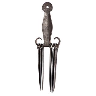 A Set of Six Wrought Iron Hearth Skewers and Holder