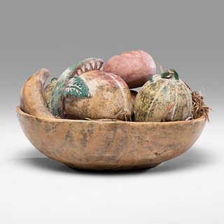 An Assortment of Ceramic Fruit and Vegetables in a Burlwood Bowl