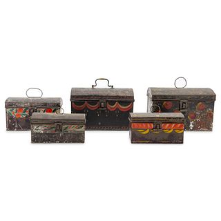 Five Polychrome Decorated Tole Boxes