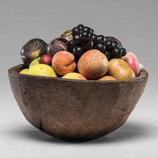 A Collection of Stone Fruit and Vegetables in a Wooden Bowl