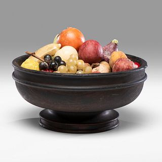 An Assortment of Stone Fruit and Vegetables in a Turned Wood Bowl