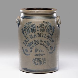 A Cobalt-Decorated 5-Gallon Stoneware Two-Handle Crock 