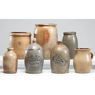 Seven Stoneware Vessels Including Two Greensboro Pieces