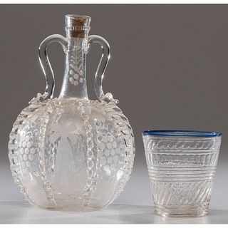 A Rare Stiegel-Type Etched Glass Jug and a Blue-Rimmed Cup
