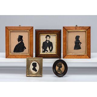 Four Painted Silhouettes and a Miniature Watercolor Portrait