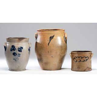 Three Cobalt-Decorated Lug-Handled Stoneware Crocks 