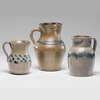 Three Cobalt-Decorated and Incised Stoneware Pitchers