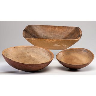 Two Red-Stained Turned Wooden Bowls