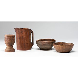 Two Treenware Bowls, One Pitcher and One Goblet