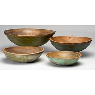 Four Green and Blue-Painted Turned Wooden Bowls