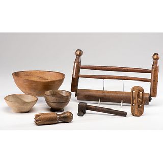 Three Turned Wooden Bowls & Other Kitchen Tools