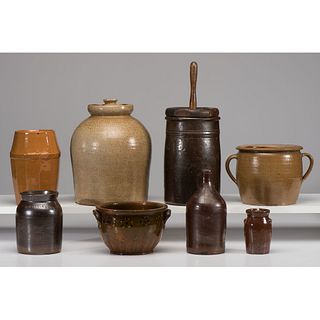 Eight Redware and Stoneware Vessels