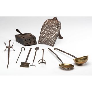 Nine Wrought Iron and Brass Kitchen Tools 