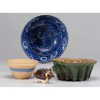 A Mochaware Pig Bank, Yellowware Bowl & Other Ceramics