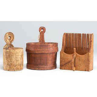 Two Wooden Hanging Buckets and a Berry Picker