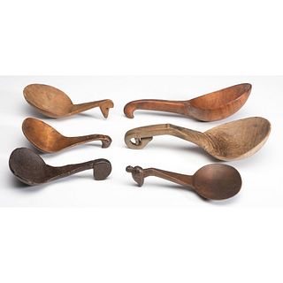 Six Effigy-Handled Wooden Carved Scoops