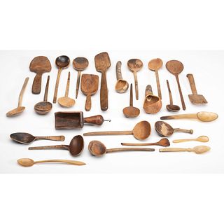 A Collection of Wooden, Gourd and Horn Carved Spoons