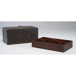 A Wooden Painted Cutlery Box and Stenciled Document Box
